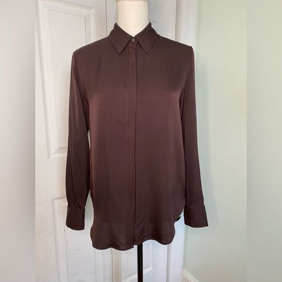 Theory Business Casual, Chic and Chocolate Brown Button-down Shirt - Picture 1 of 9